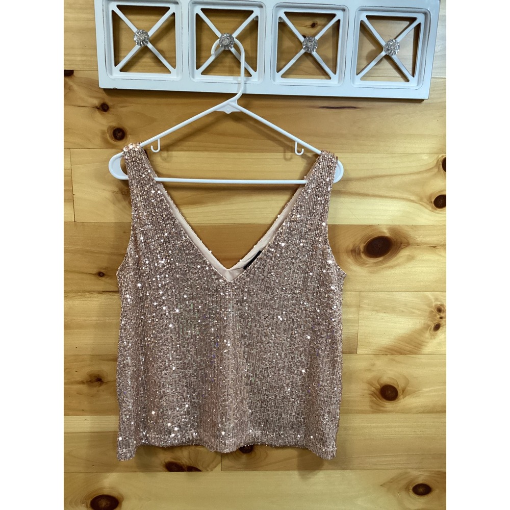 Shinestar Women Rose Gold Sequin V-Neck Tank Top Party Shimmer Blouse Medium